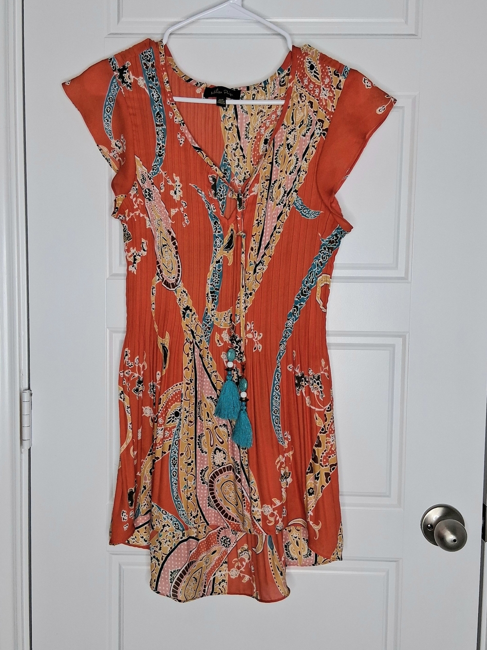 Terracotta Boho Paisley Flutter Sleeve High-Low Mini Dress Tassel V-Neck M